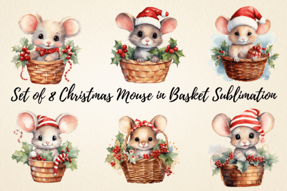 Christmas Mouse in Basket Sublimation Illustrations