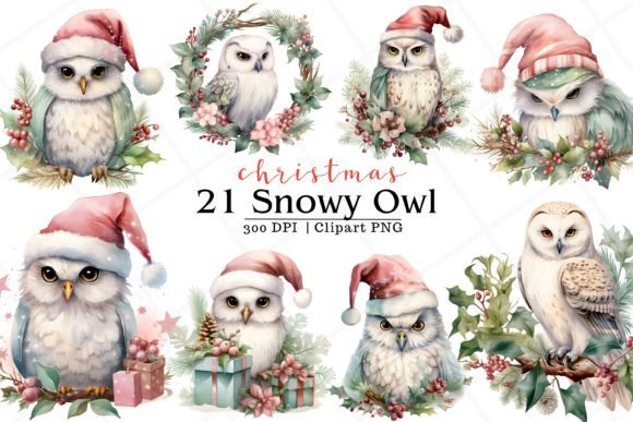 Christmas Owl Watercolor Clipart for Illustrations & Crafts