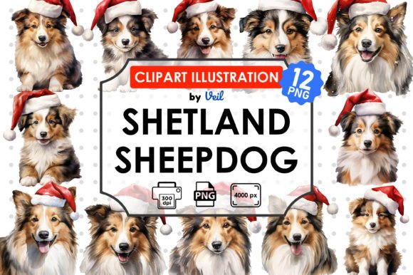 Christmas Shetland Sheepdog Clipart for Brand Illustrations