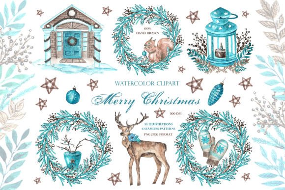 Christmas Watercolor Set. New Year. Illustrations for Local Brands