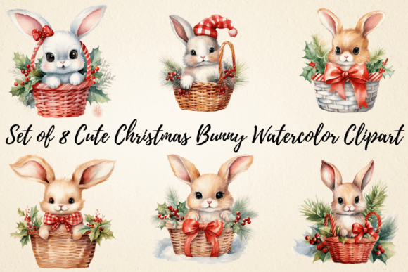 Cute Christmas Bunny Watercolor Clipart for Branding and Marketing