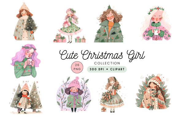 Cute Christmas Girl Collection Clipart for Illustrations