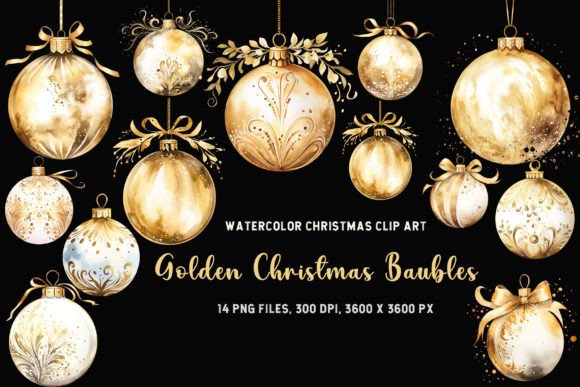 Golden Christmas Baubles Watercolor PNG for Illustrations