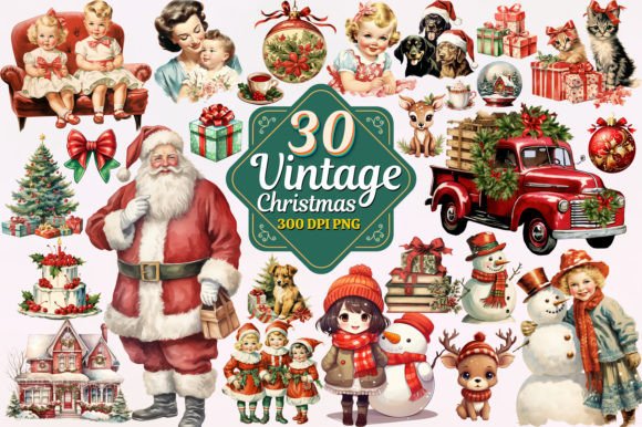 Vintage Christmas Watercolor Clipart PNG for Brand Illustrations