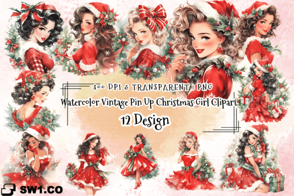 Vintage Pin Up Christmas Girl Clipart for Illustrations