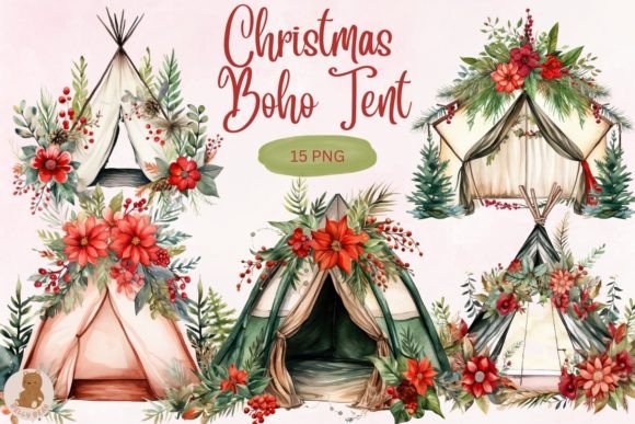 Watercolor Christmas Boho Tent Clipart for Illustrations