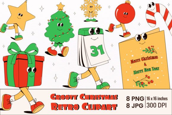 Y2k Groovy Retro Christmas Clipart for Illustrations